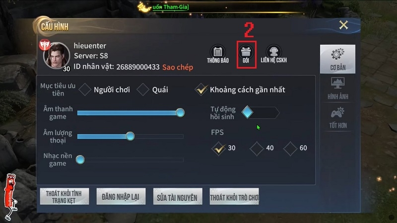 Bước 2: Sau khi vào giao diện Cấu hình, người chơi tiếp tục nhấn vào mục Gói (hộp quà). Đây là khu vực cho phép nhập và xác nhận các mã giftcode do nhà phát hành cung cấp