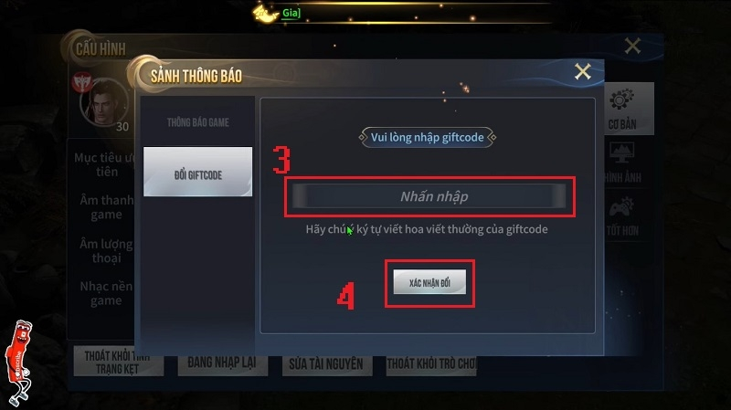 Bước 3: Tại ô nhập code, bạn lần lượt điền chính xác từng mã code Lục Địa Thần Hỏa đã thu thập được