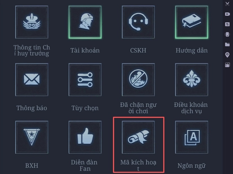 Bước 4 sau khi mở phần cài đặt, bạn kéo xuống và chọn “Mã kích hoạt” để hiển thị khung nhập giftcode