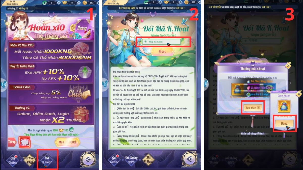 Game thủ vào mục “Mã kích hoạt” rồi chọn nhập code vào ô và chọn “Nhận”