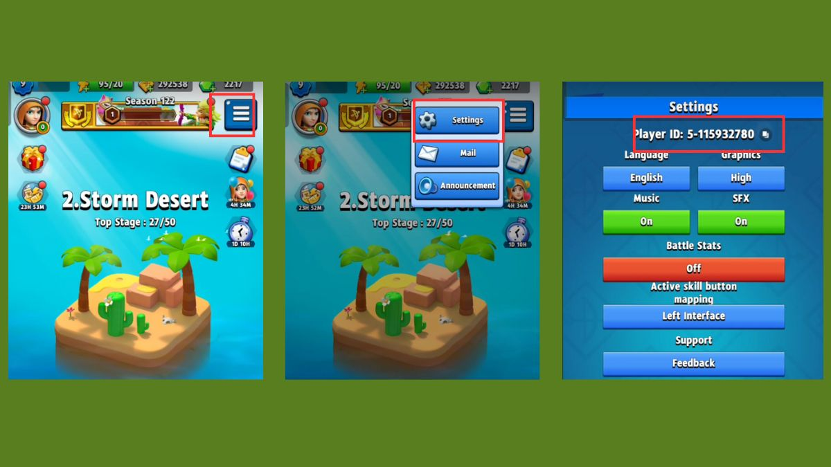 Bước 1 vào game Archero 2 và chọn “Settings”. Sau đó sao chép ID của game thủ