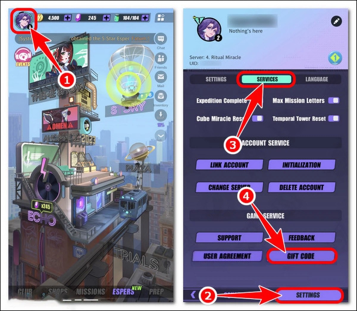 Bước 2 nhấn vào Ảnh đại diện nhân vật, chọn tab “Settings”. Sau đó, chọn mục “Services”, tìm và nhấn vào nút “Giftcode”