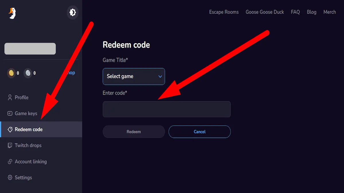 Chọn tab “Redeem code”. Chọn “Game Title” rồi nhập code vào ô. Sau đó chọn “Redeem”