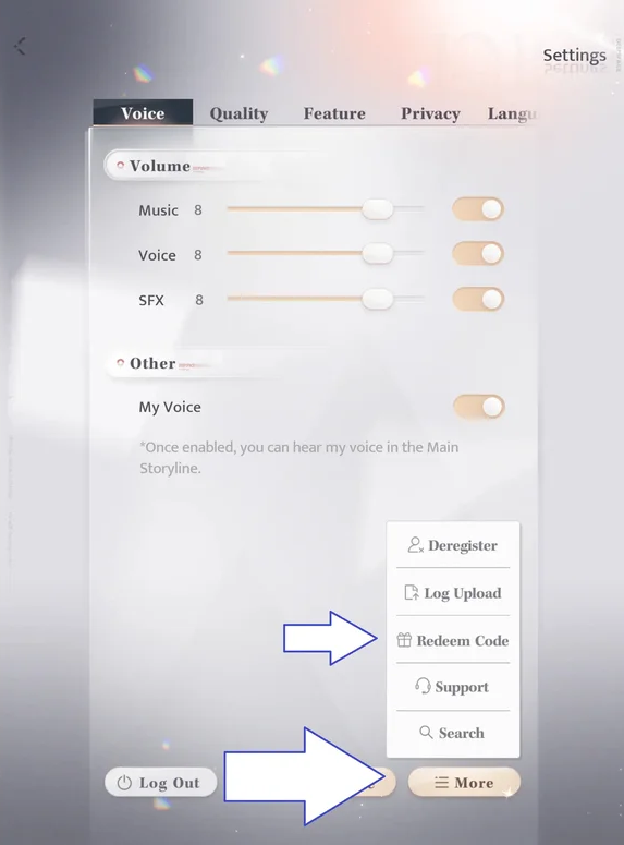 Bước 6 nhấn vào mục "Redeem Code" (Mã đổi thưởng)
