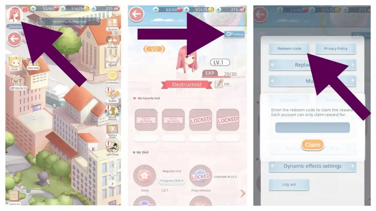 Game thủ vào avatar rồi chọn “Settings”. Sau đó chọn mục “Redeem code” và nhập code vào ô để chọn “Claim”