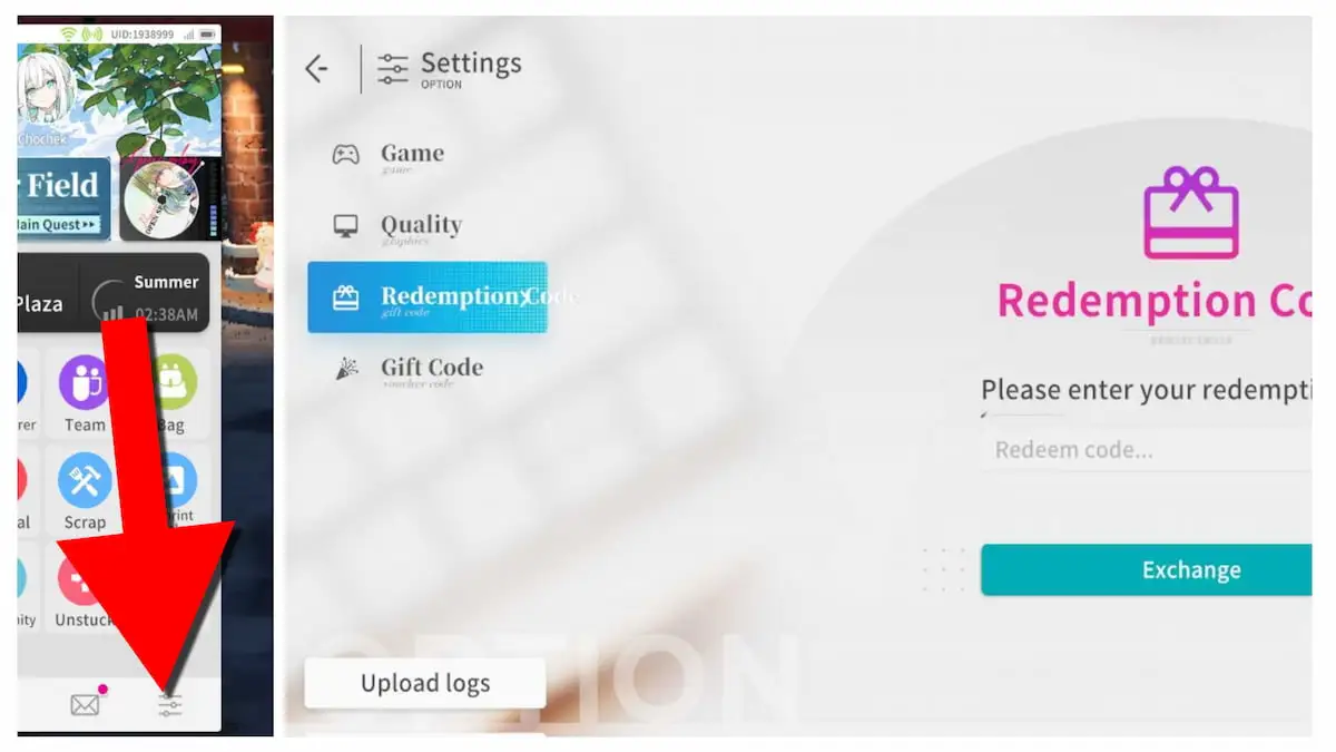Game thủ vào “Settings” rồi chọn “Redemption code”; sau đó nhập code vào ô và nhấn chọn “Exchange”