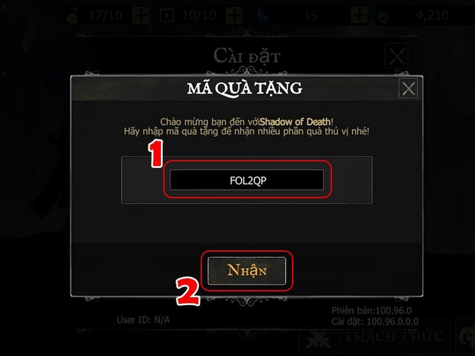 Bước 3 nhập mã và nhấn “Nhận” để lấy quà