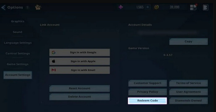Bước 2: Chọn tab "Account" và nhấn vào nút "Redeem Code"