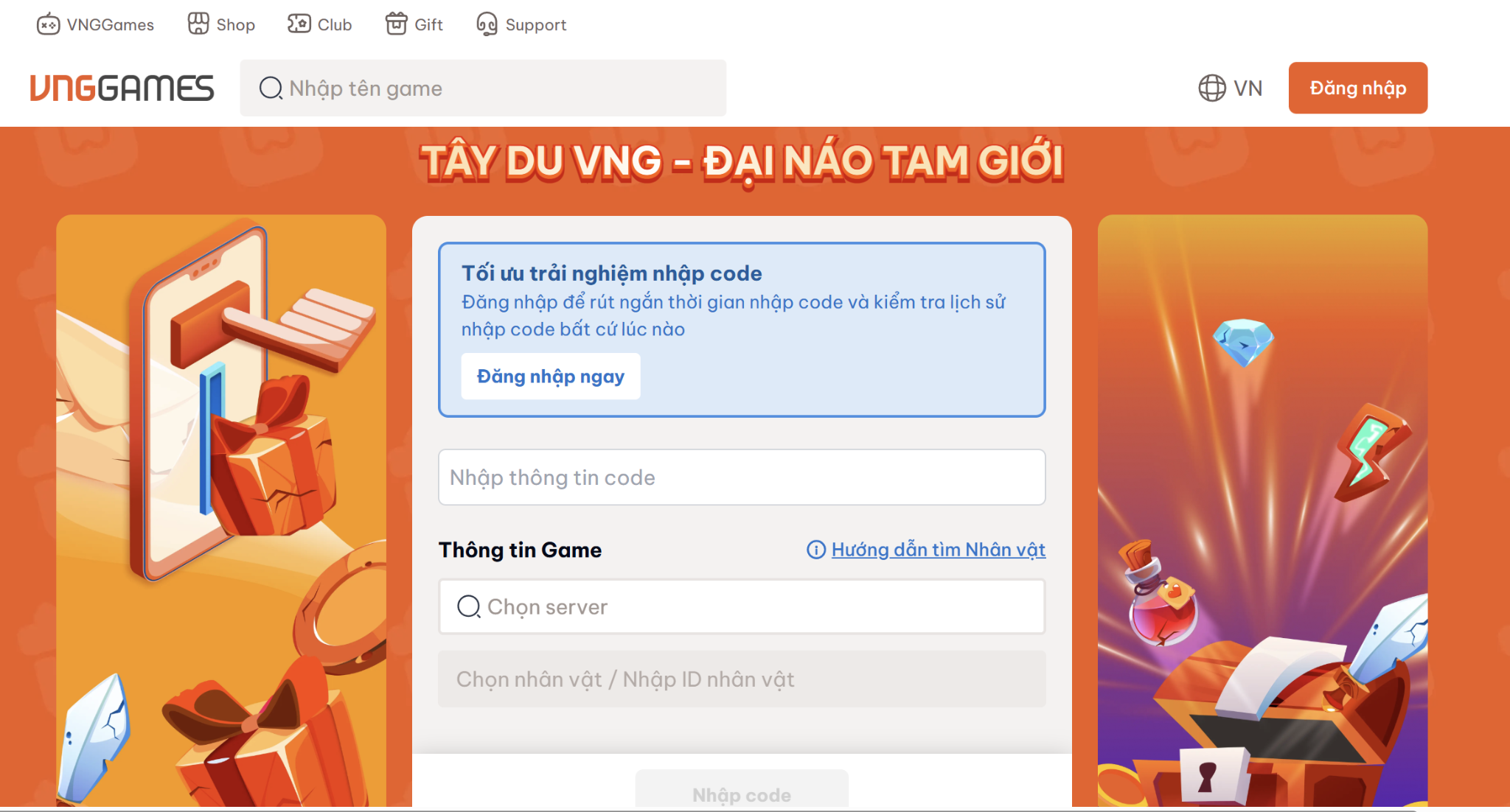 Bước 3 nhập code vào ô và lựa chọn tài khoản cần nhập code (Tên nhân vật và server), sau đó nhấn “Xác nhận”