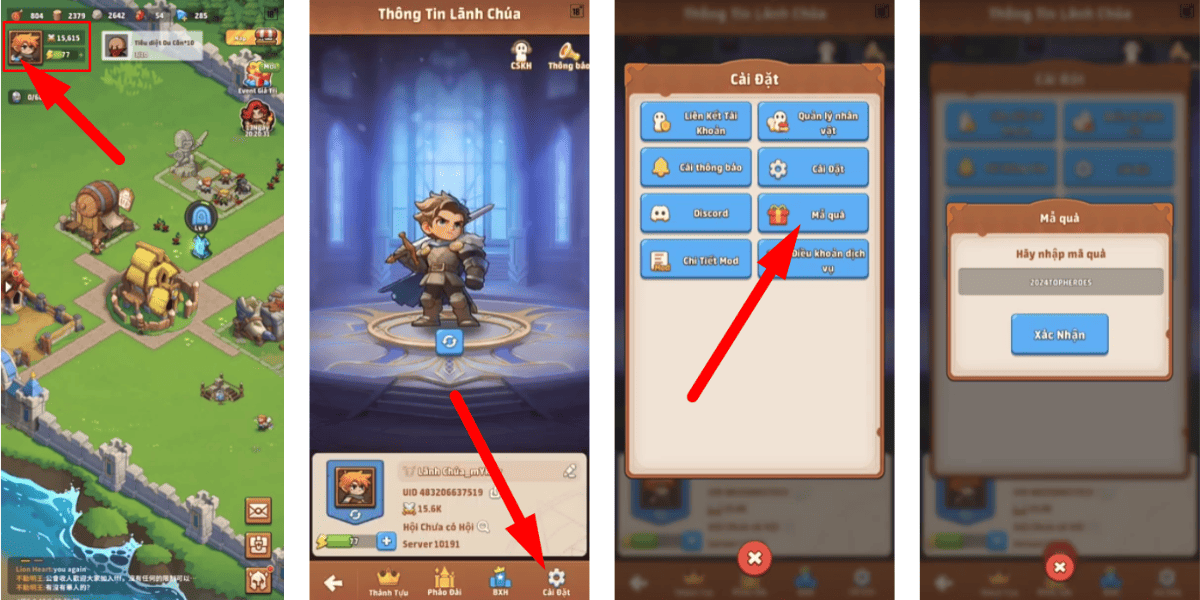 Vào Avatar để chọn "Cài đặ". Sau đó chọn tiếp "Mã quà" rồi nhập code vào ô và chọn "Xác nhận"