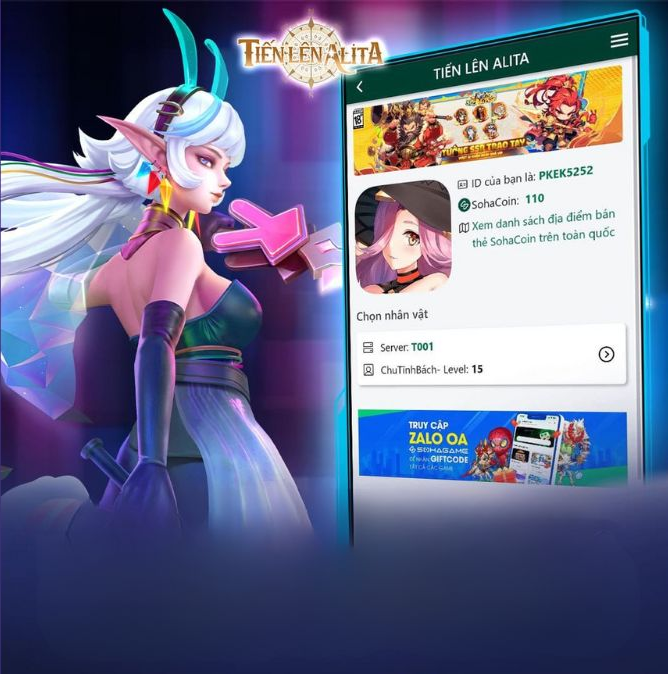 Bước 2 chọn game Tiến Lên Alita và chọn nhân vật muốn nạp code