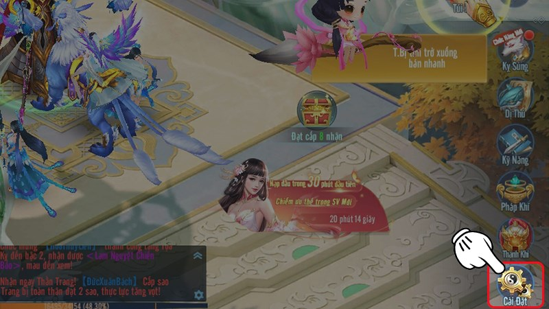Đăng nhập vào game Nghịch Thiên Kiếm Thế, chọn mục Cài đặt