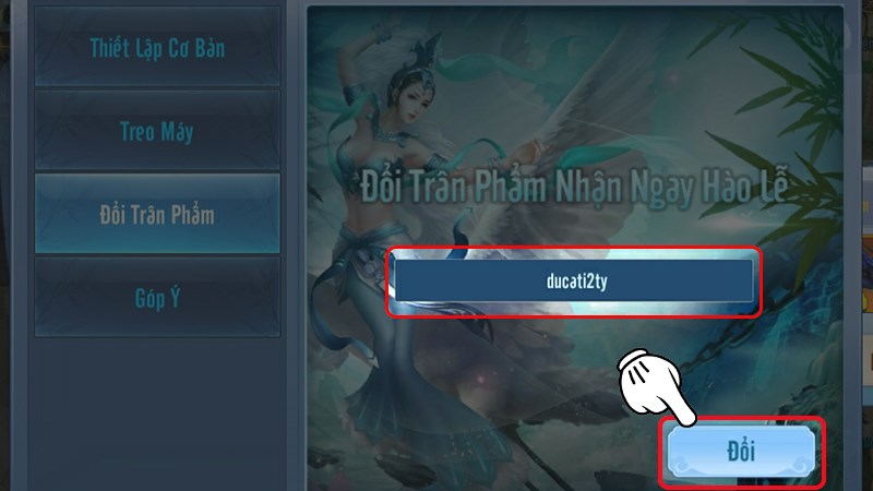 Nhập chính xác code Nghịch Thiên Kiếm Thế vào ô trống, Sau đó nhấn nút Đổi