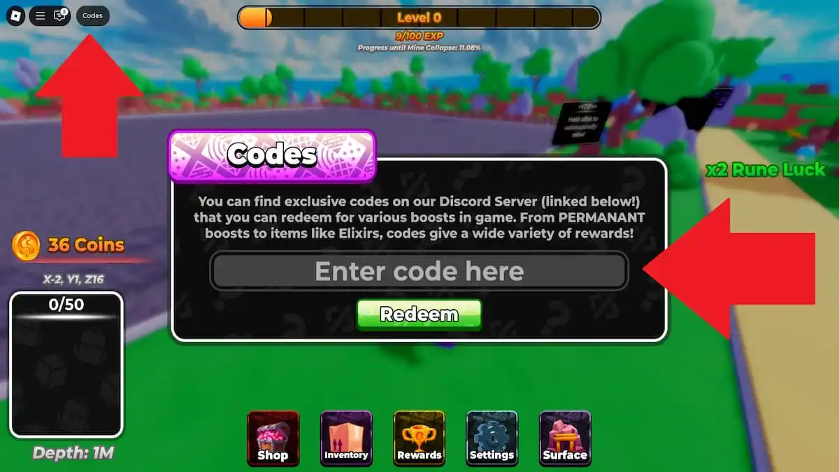 Chọn Codes nhập code vào ô Enter code here và nhấn Redeem