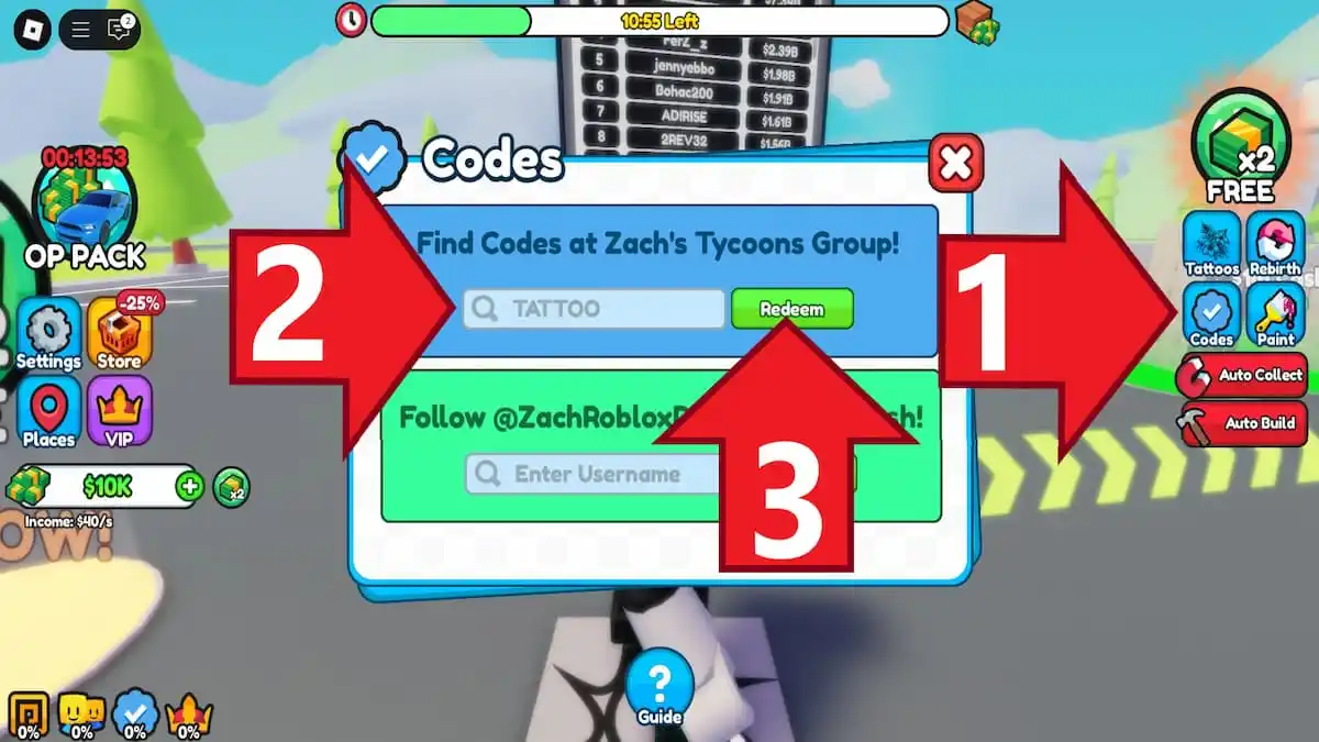 Nhấn vào nút Codes và Nhập chính xác mã code sau đó nhấn Redeem