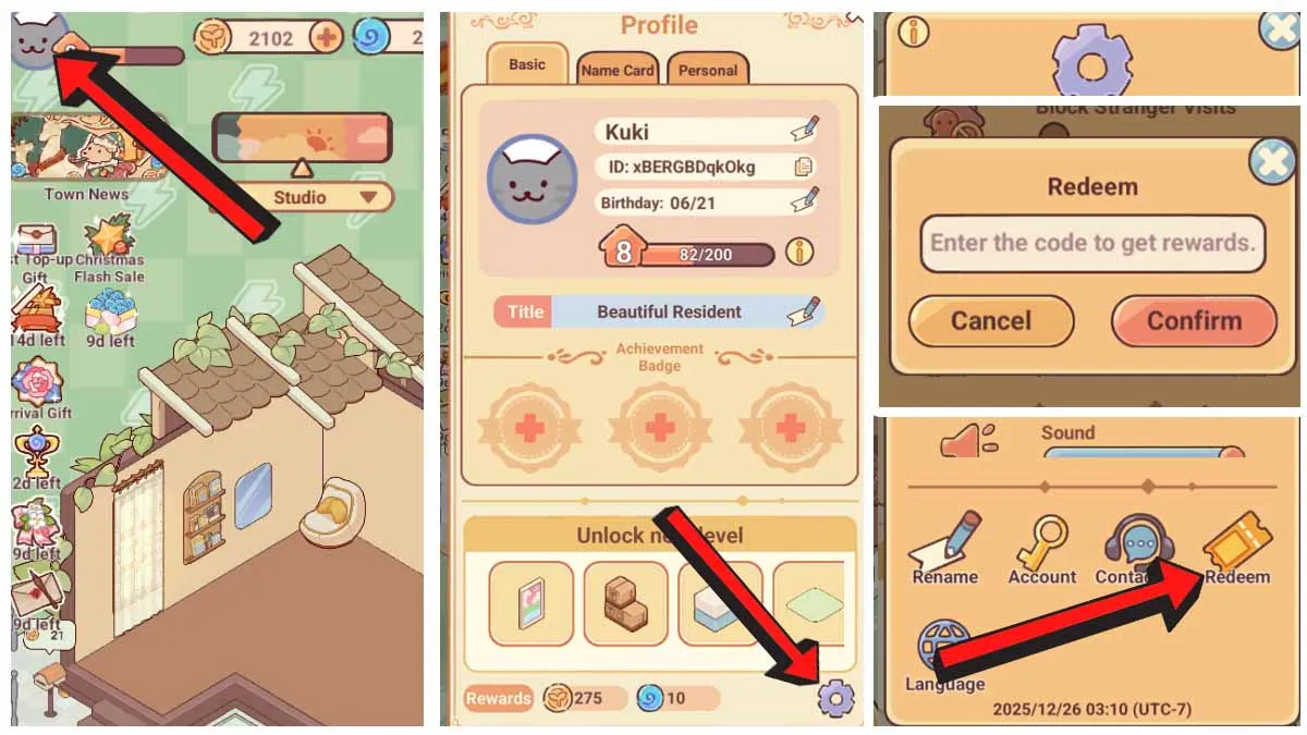Chọn Avatar người chơi rồi chọn “Setting”, sau đó chọn “Redeem” và nhập code