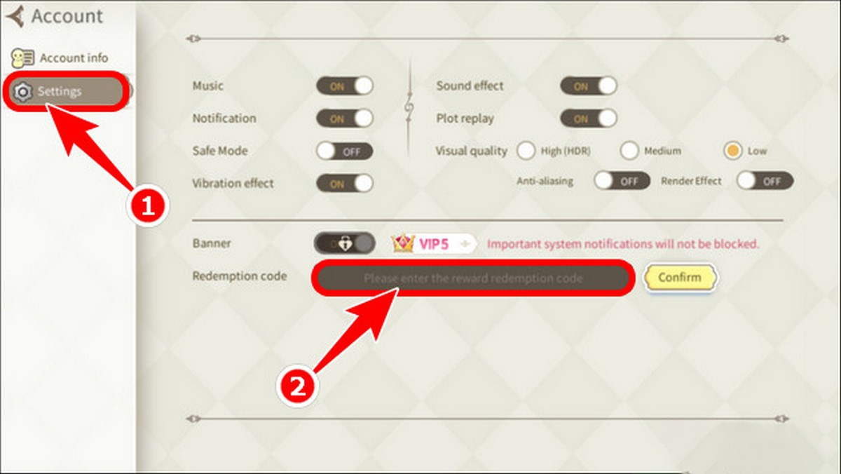 Người chơi vào mục “Settings” và bấm vào ô “Redemption code”