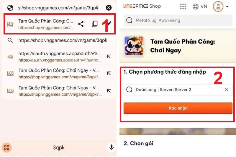 Bước 1 truy cập vào VNG Games và tìm kiếm game Tam Quốc Phản Công để chọn phương thức đăng nhập