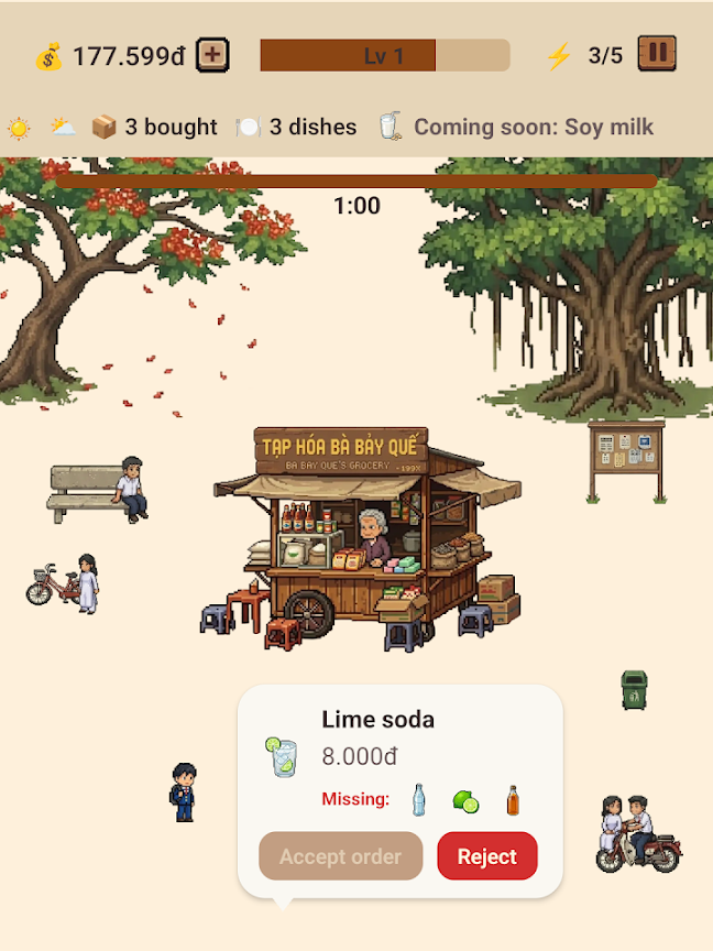 Tựa game Tiệm Tạp Hóa 9x Retro Mart sở hữu đồ họa retro pixel 2D và âm thanh gợi nhớ tuổi thơ