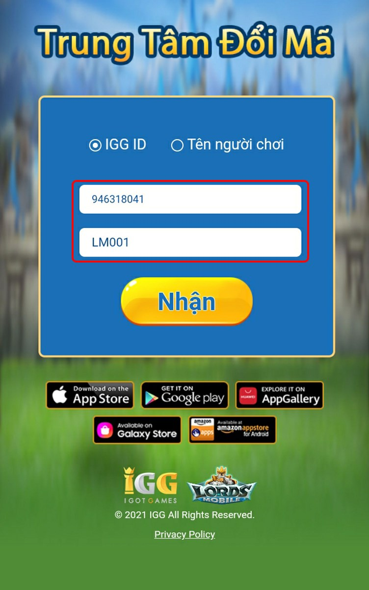 Bước 1 truy cập vào website: https://lordsmobile.igg.com/gifts/. Nhập các IGG ID và code game