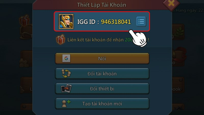 Bước 4 người chơi sẽ thấy được dãy số IGG ID ở mục “Thiết lập tài khoản”