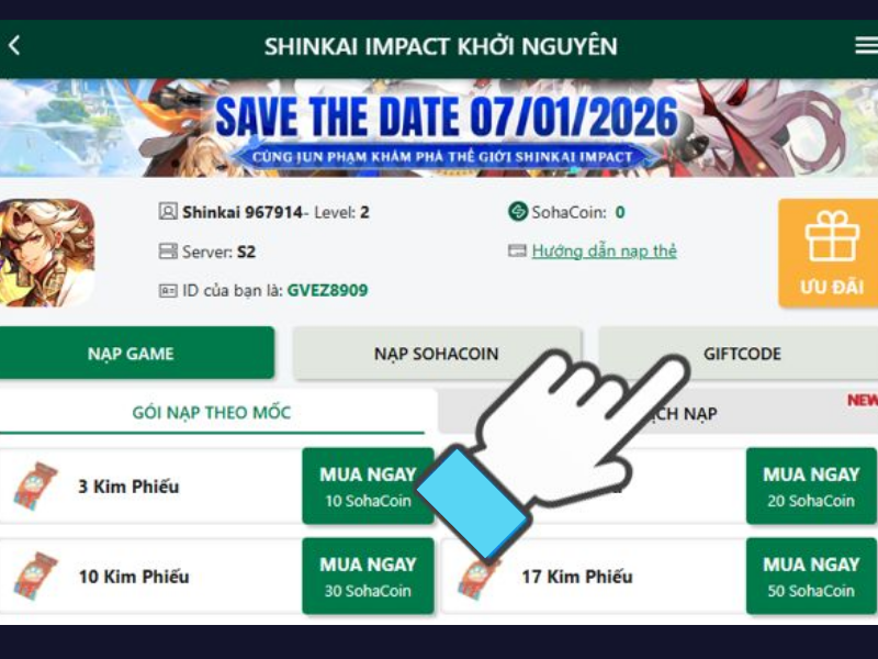 Bước 3 chọn mục “Giftcode”