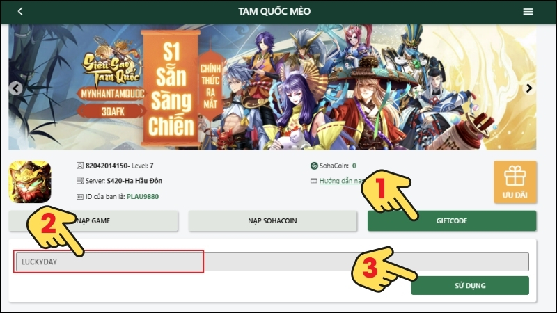 Bước 4 chọn “Giftcode”. Sau đó nhập code vào ô và nhấn chọn “Sử dụng”