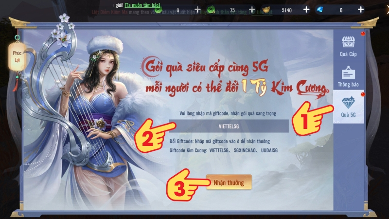 Bước 2 chọn mục “Quà 5G” → Nhập code vào ô → Nhấn chọn “Nhận thưởng”