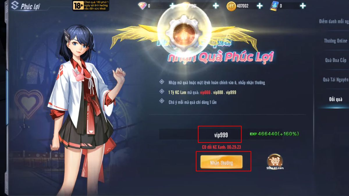 Nhập code Mã Tiến Hóa: X, sau đó nhấn Nhận Thưởng để hoàn tất