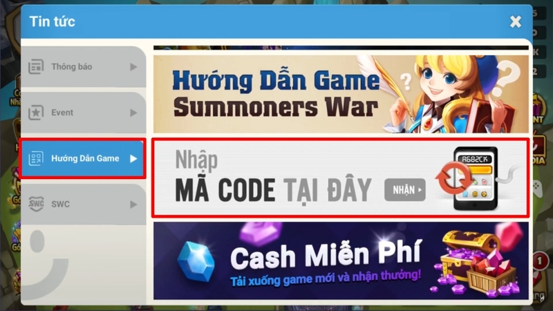 chọn Hướng Dẫn Game, sau đó nhấn vào mục Nhập mã code