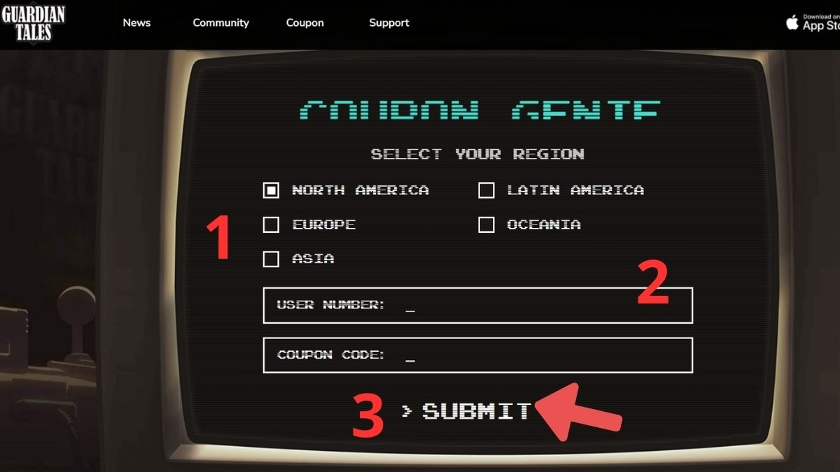Chọn khu vực phù hợp và nhập User Number, nhập code Guardian Tales, sau đó nhấn Submit