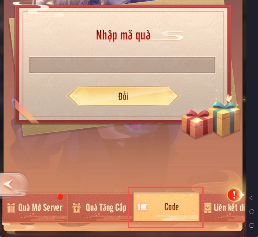 Chọn mục Code sau đó nhập chính xác giftcode và nhấn Đổi