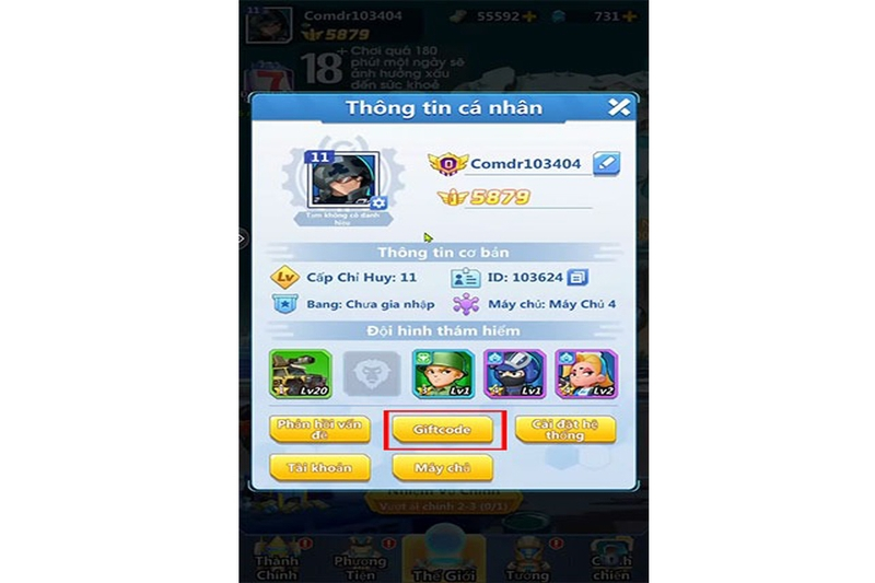 Chọn mục Giftcode để truy cập khu vực nhập mã đổi thưởng