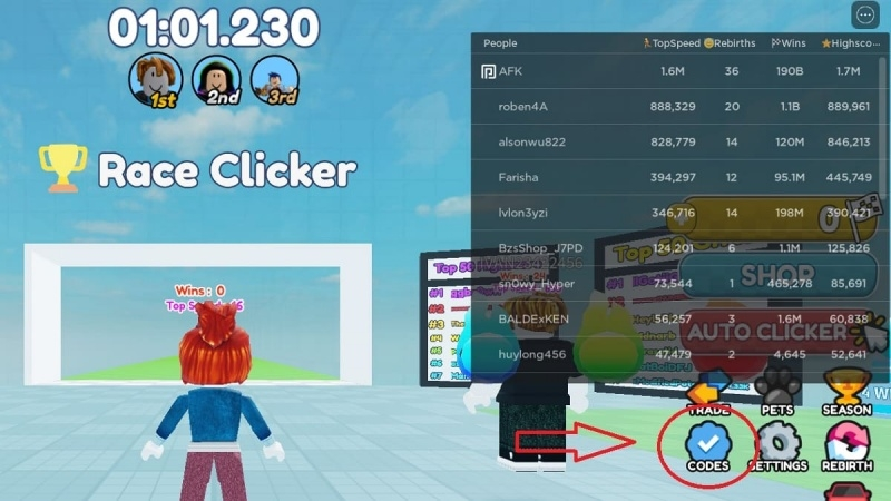 Đăng nhập vào game và chọn trải nghiệm Car Race Clicker và nhấp vào mục “Codes”