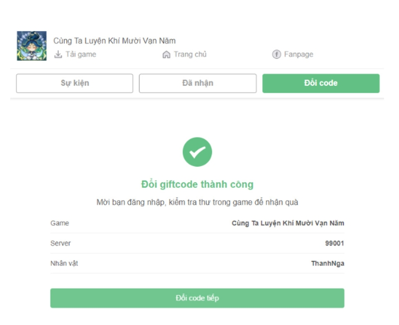 Nhấn Xác nhận đổi code và chờ hệ thống gửi phần thưởng