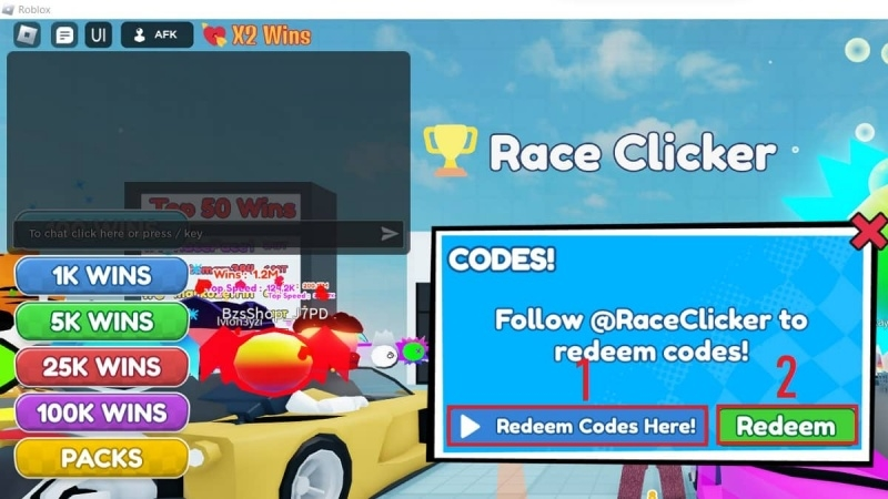 Nhập chính xác code Car Race Clicker vào ô có dòng chữ và nhấn Redeem“Redeem code here”