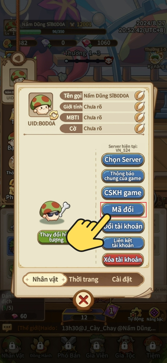 Nhập chính xác code Nấm Lùn Tiến Lên nhấn Đổi