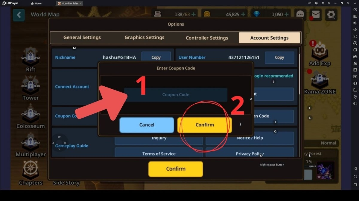Nhập code Guardian Tales còn hiệu lực và nhấn Confirm