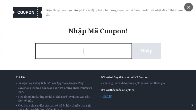 Nhập code Summoners War còn hiệu lực vào ô Nhập Mã Coupon và xác nhận