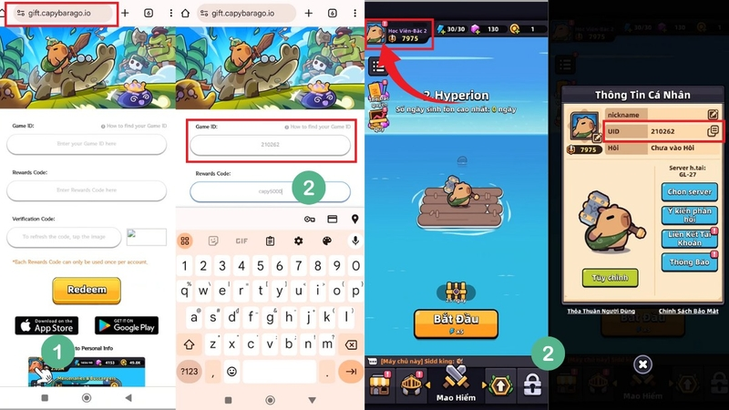 Nhập Game ID, nhấn avatar góc trên bên trái và sao chép UID, nhập code vào ô “Rewards Code”
