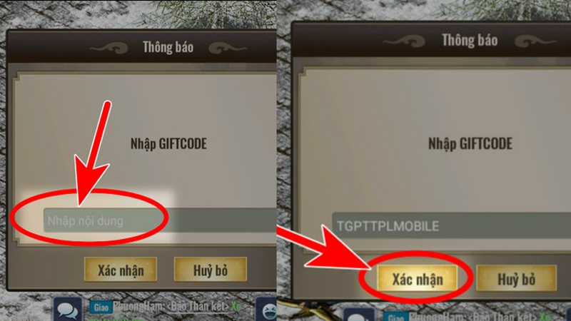 Vào mục Nhập Giftcode, nhập mã code Tam Giới Phân Tranh PC rồi bấm Xác nhận