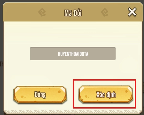 Nhập chính xác giftcode Huyền Thoại Dota vào ô trống và bấm Xác định