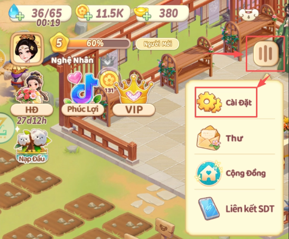 Bước 1: Bấm vào biểu tượng MENU, sau đó chọn mục Cài Đặt