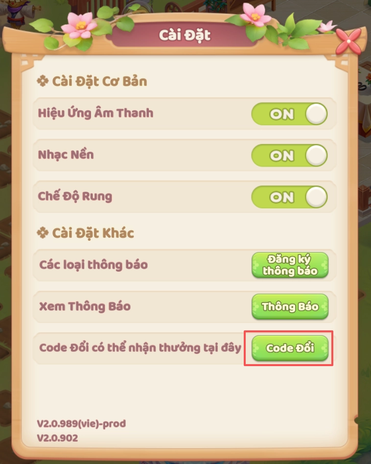 Bước 2: Tìm và nhấn chọn Code Đổi trong menu Cài Đặt
