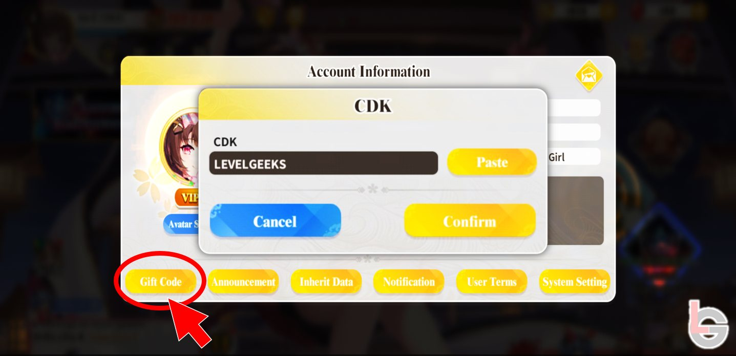 Chọn mục Gift Code, nhập chính xác code Girl Wars vào ô và nhấn Confirm