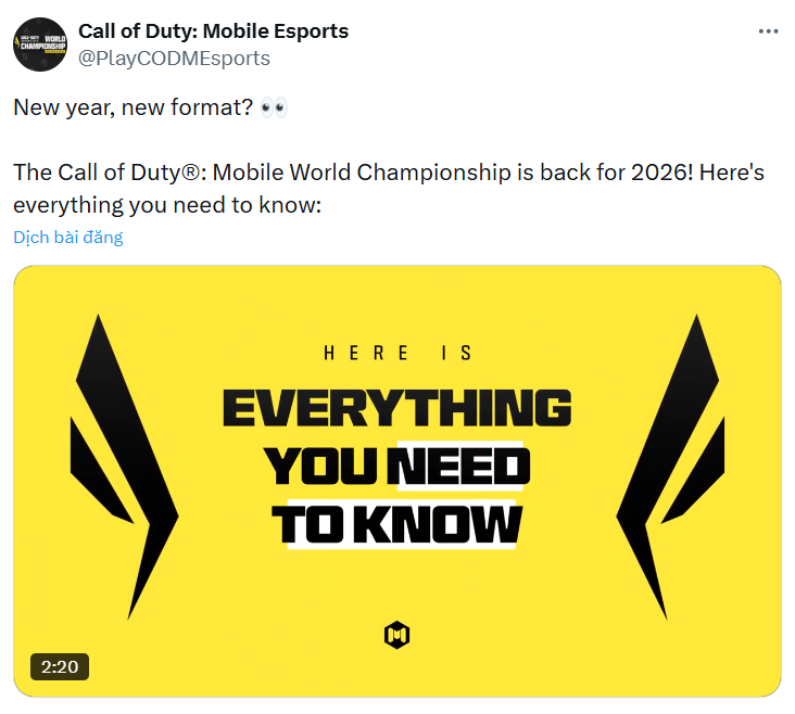 Call of Duty Mobile công bố lộ trình Esports 2026 2 Trọng tâm của năm Esports là CODM World Championship 2026 (Ảnh: X)