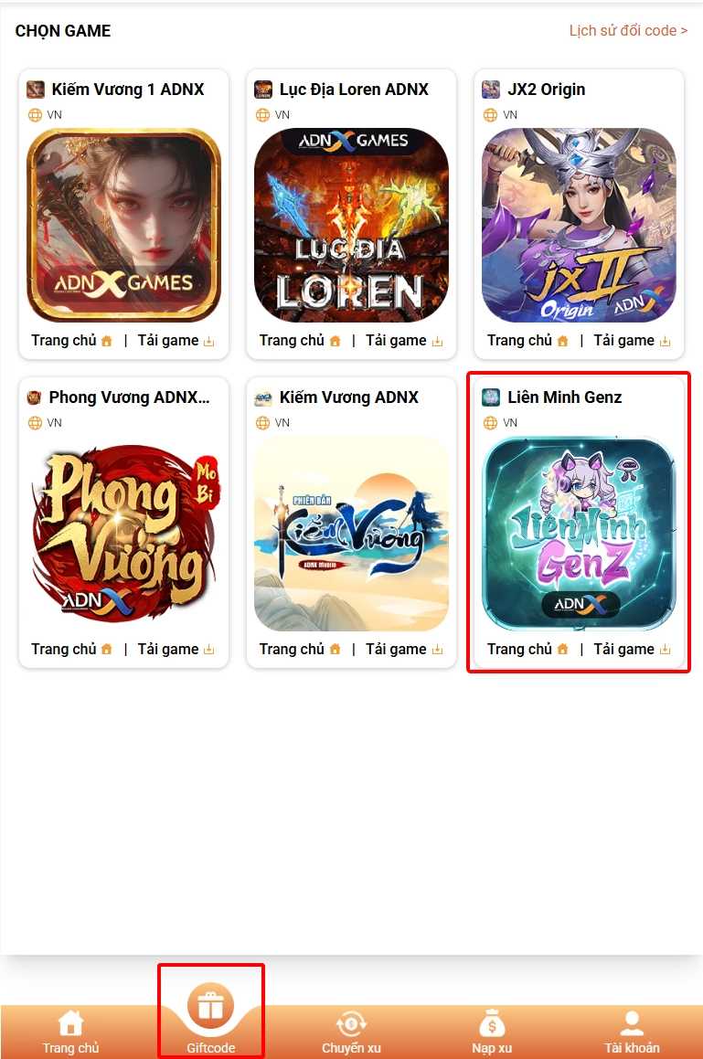 Chọn game Liên Minh GenZ và nhấn vào mục Giftcode ở cuối giao diện.