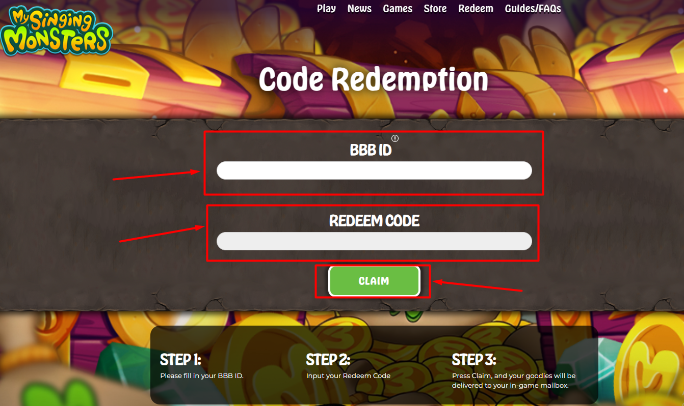 Nhập BBB ID và mã code My Singing MonstersNhấn Claim và kiểm tra hộp thư trong game MSM