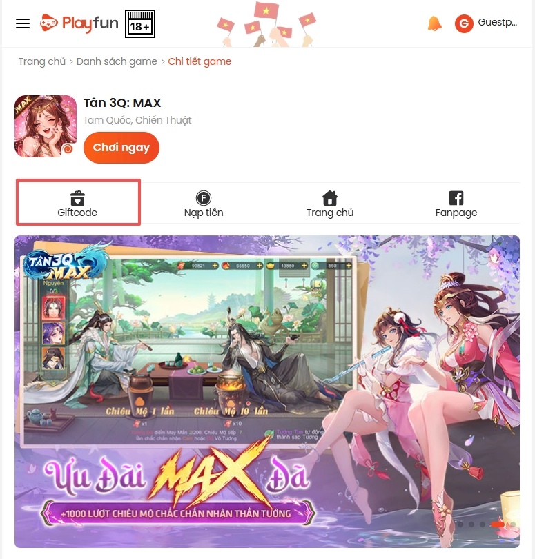 Chọn vào mục Giftcode trong game Tân 3Q: MAX