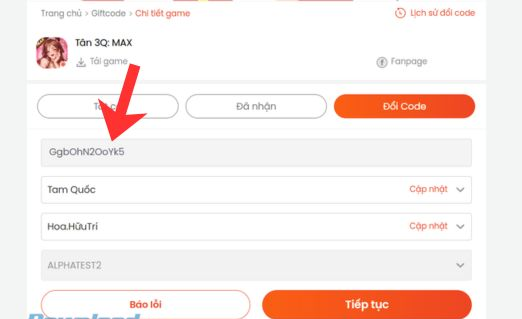 Nhập Gifcode Tân 3Q: MAX vào ô trống, chọn nhân vật và máy chủ. Bấm vào Tiếp tục
